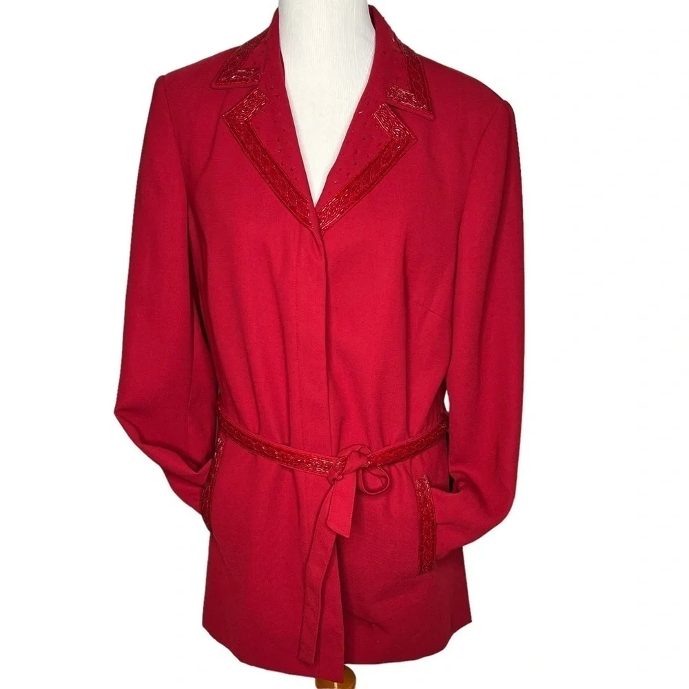 Vintage Emily… Embellished Trim Long Belted Blazer Red Sz 16 Notch Lapel Button